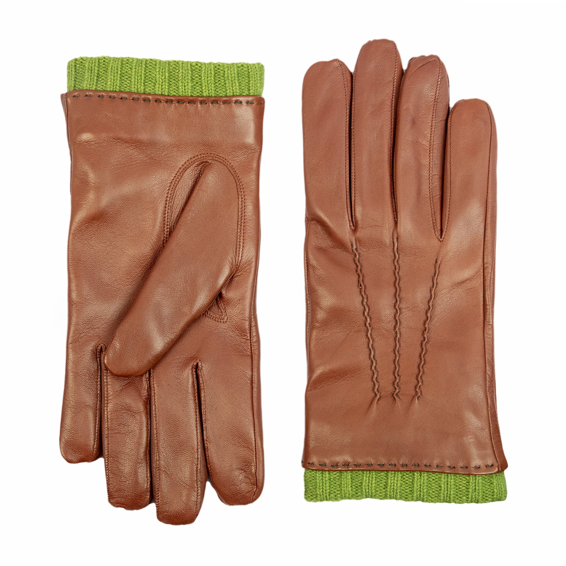 Men's cognac nappa leather gloves with coloured cashmere lining and cuff