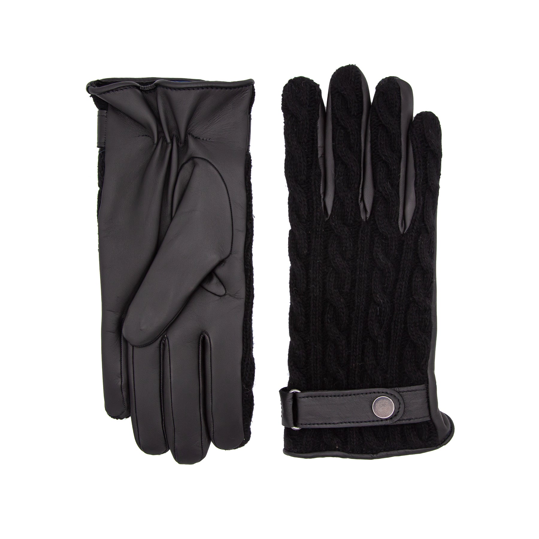 Men's black nappa touch leather gloves with weaved wool top and leather strap