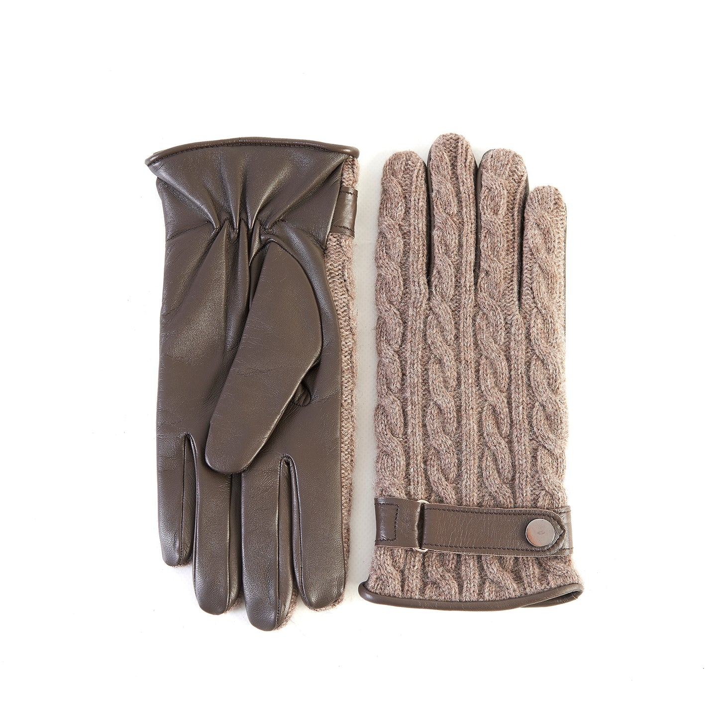 Men's taupe nappa touch leather gloves with weaved wool top and leather strap