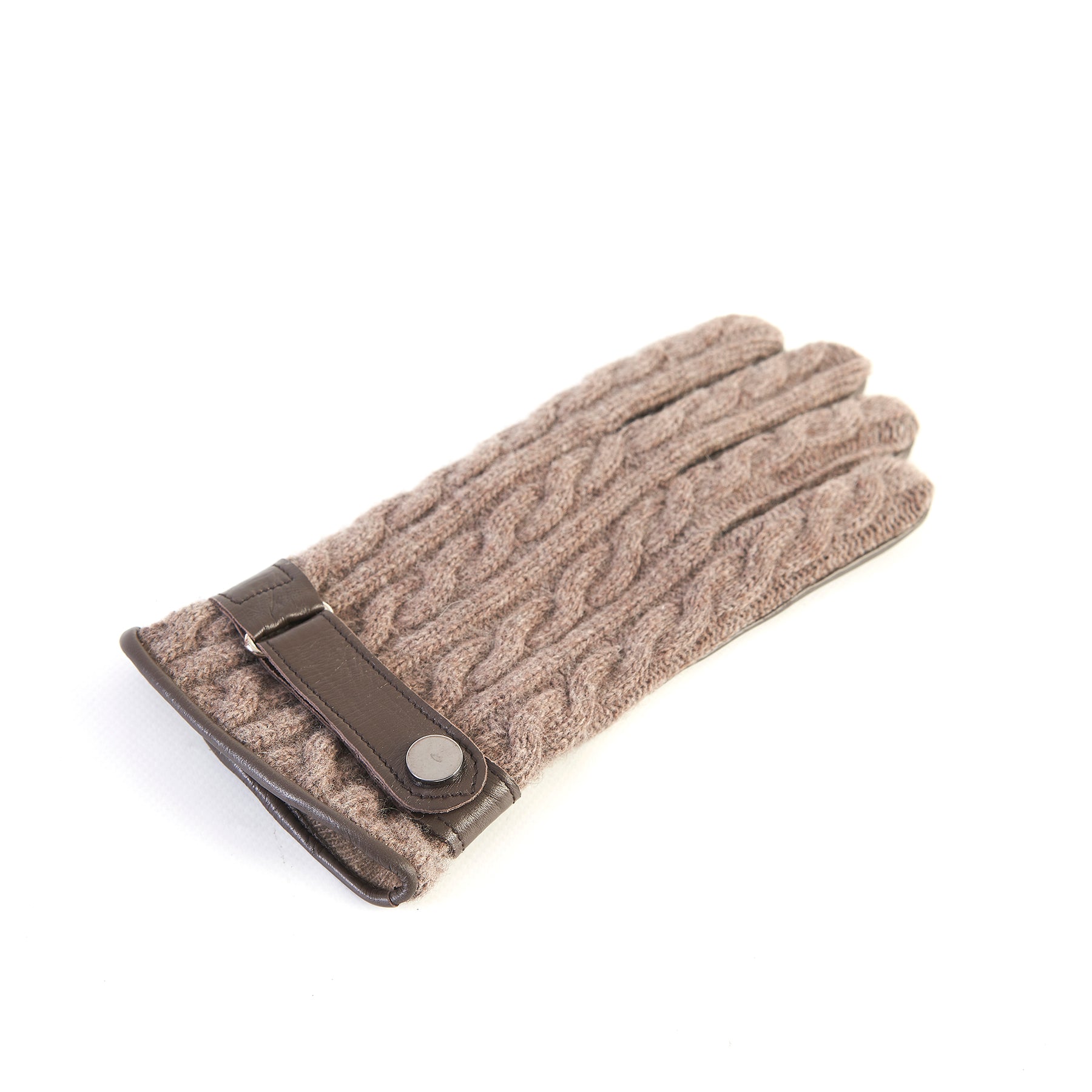 Men's taupe nappa touch leather gloves with weaved wool top and leather strap