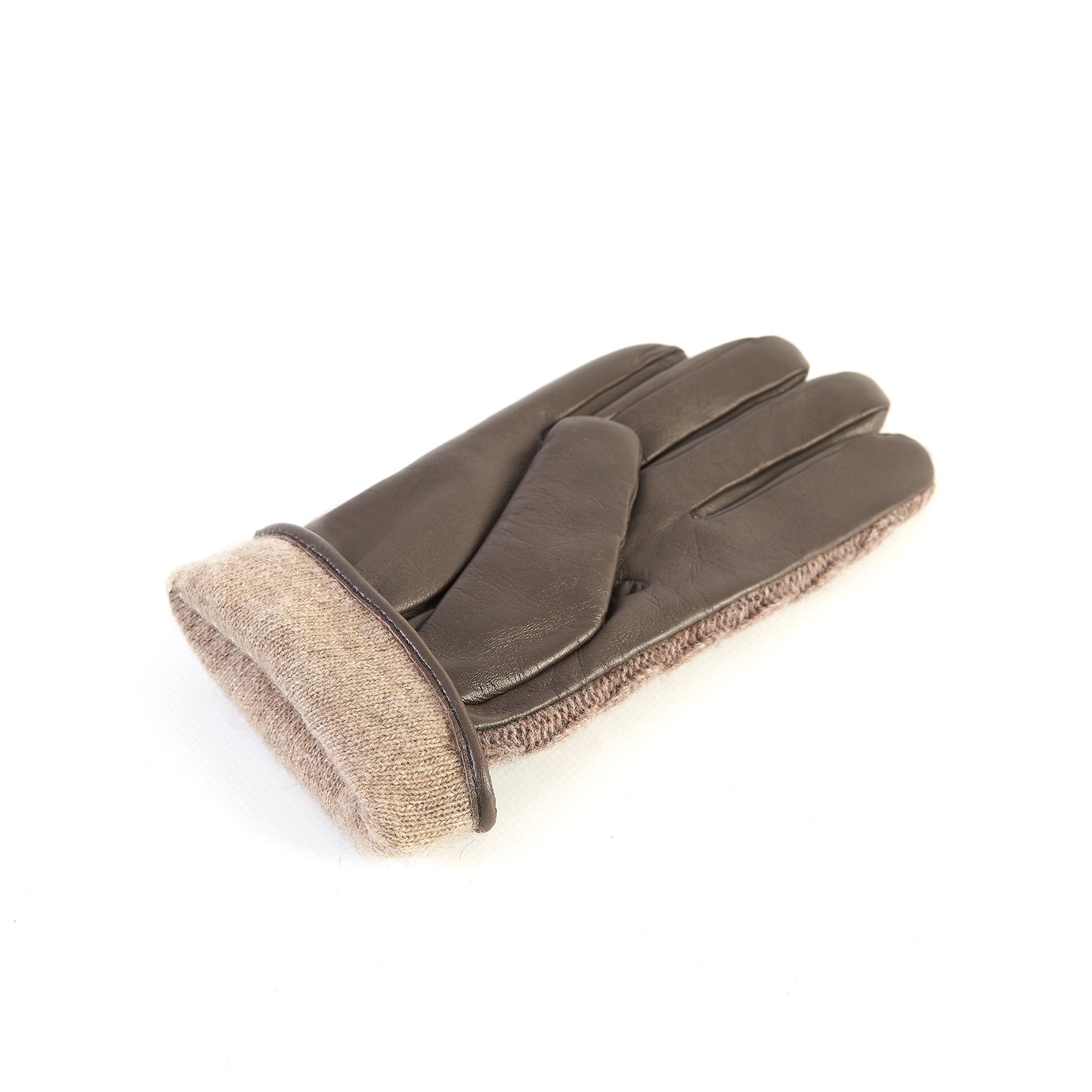 Men's taupe nappa touch leather gloves with weaved wool top and leather strap