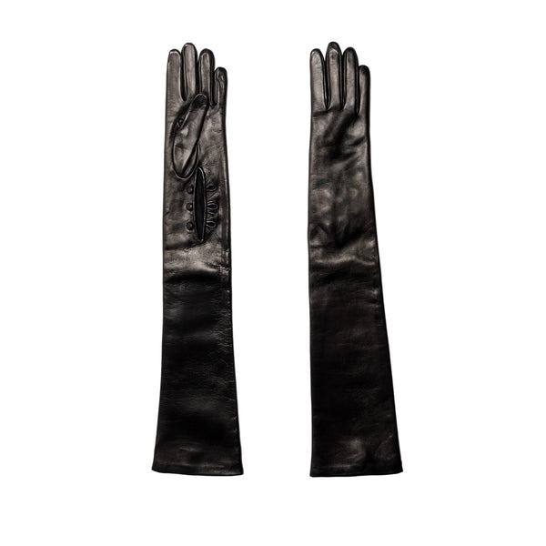スペイン製ロングレザーグローブ 7½ シルク裏地 women-black-opera-