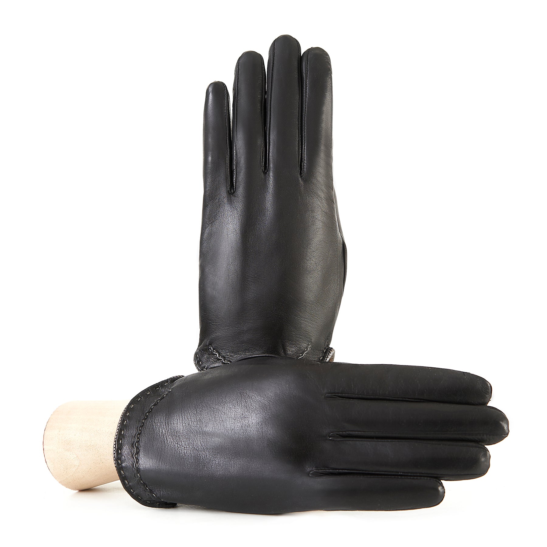 Women's black nappa leather gloves with metallic leather edge silk lined